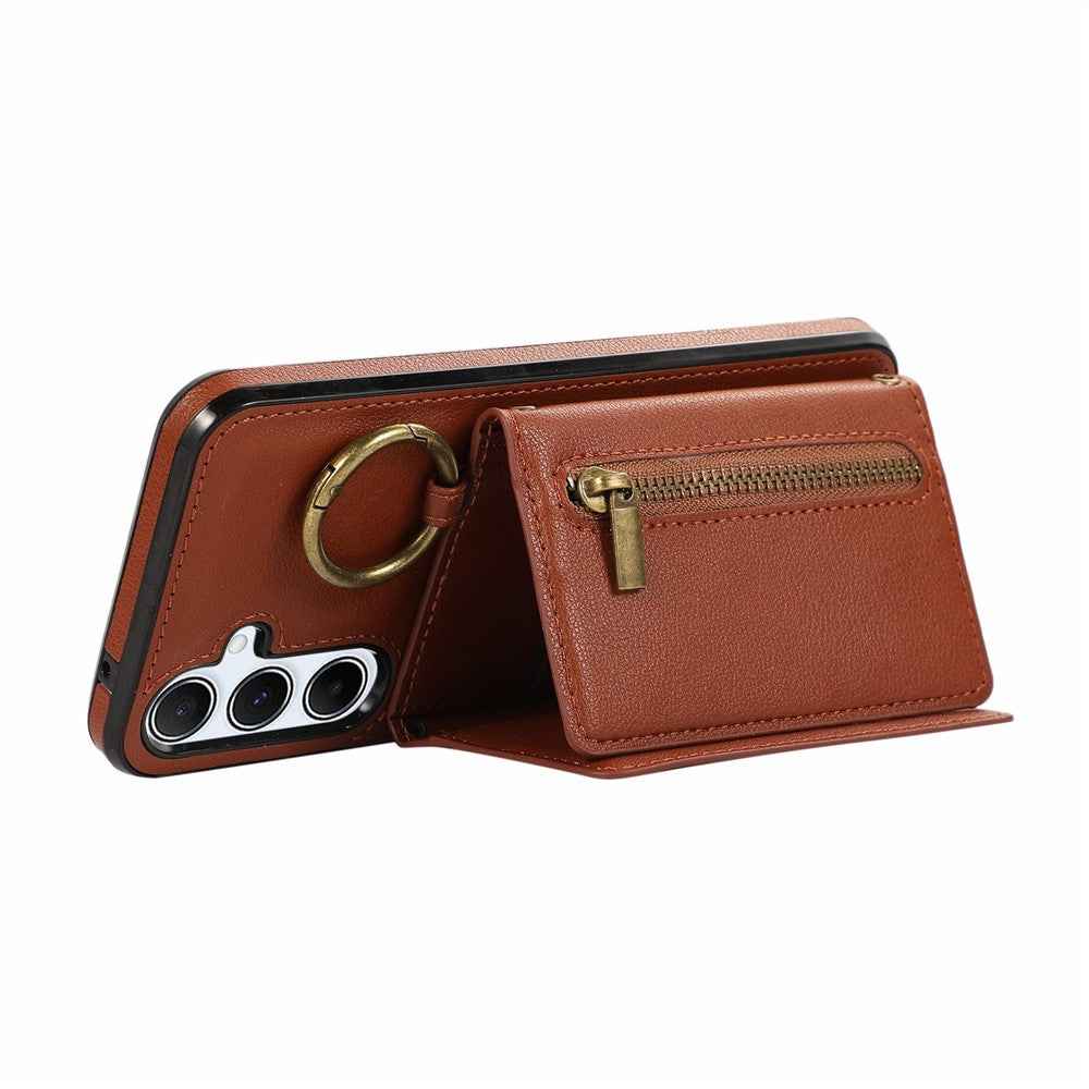 For Samsung Galaxy A57 5G Leather Back Cover Zipper Wallet Kickstand Phone Case with Shoulder Strap - Brown