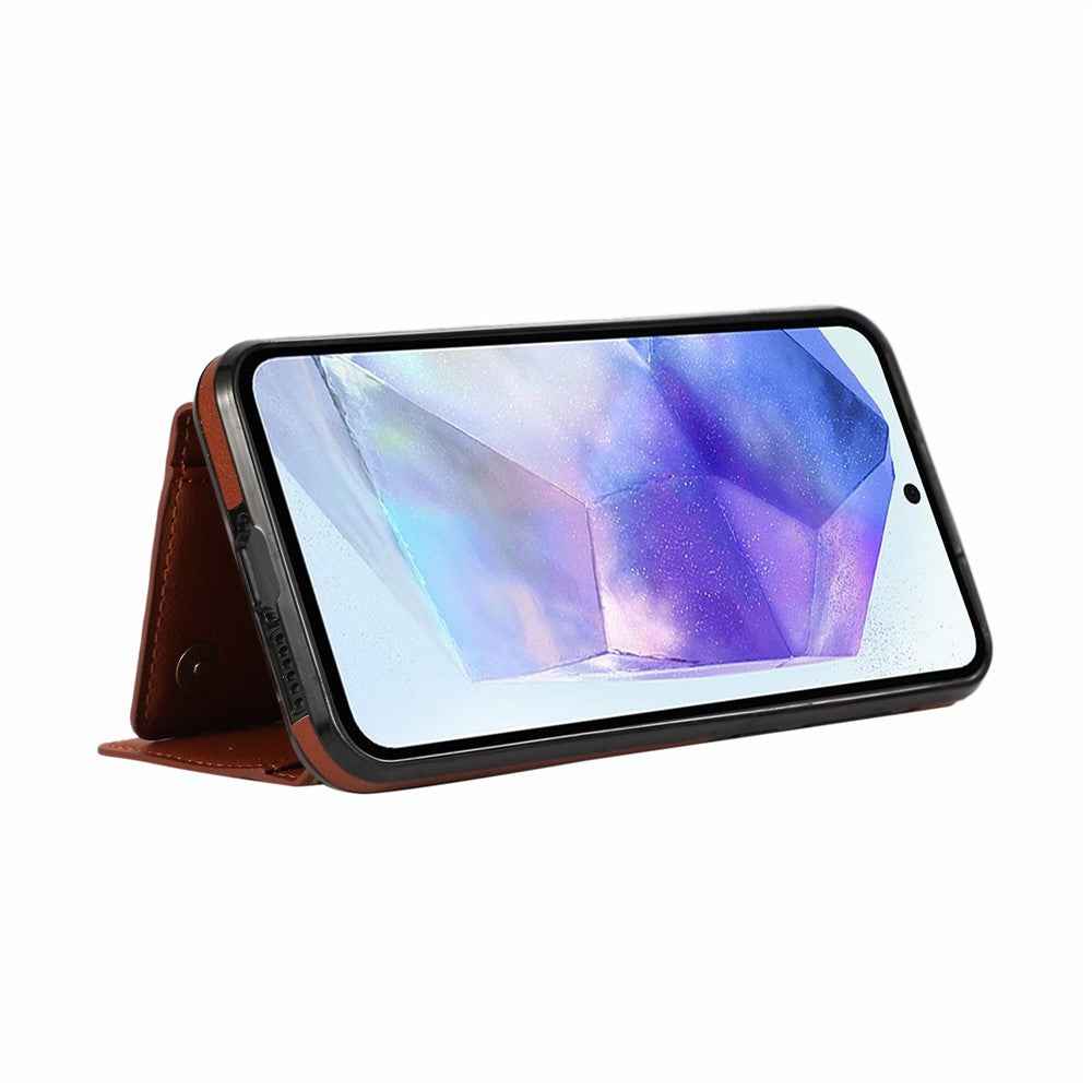 For Samsung Galaxy A57 5G Leather Back Cover Zipper Wallet Kickstand Phone Case with Shoulder Strap - Brown