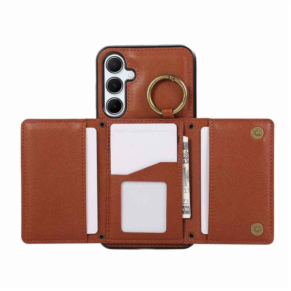 For Samsung Galaxy A57 5G Leather Back Cover Zipper Wallet Kickstand Phone Case with Shoulder Strap - Brown