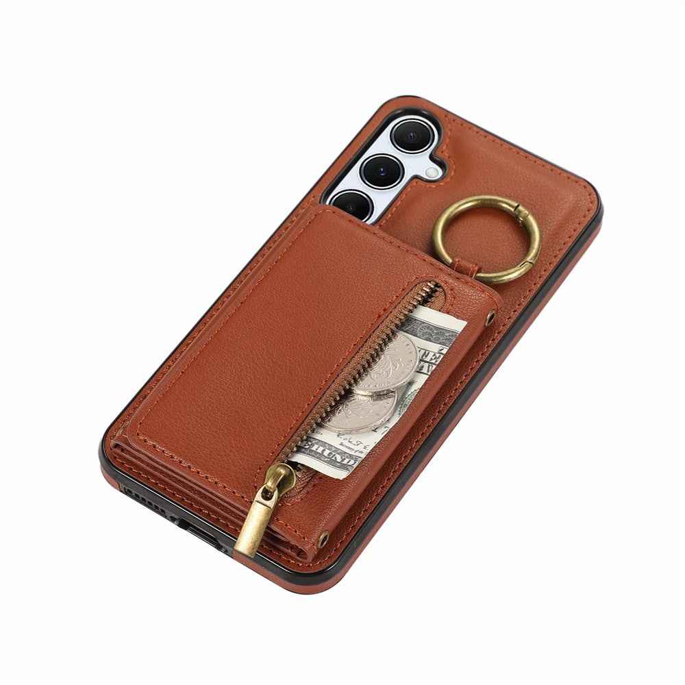 For Samsung Galaxy A57 5G Leather Back Cover Zipper Wallet Kickstand Phone Case with Shoulder Strap - Brown