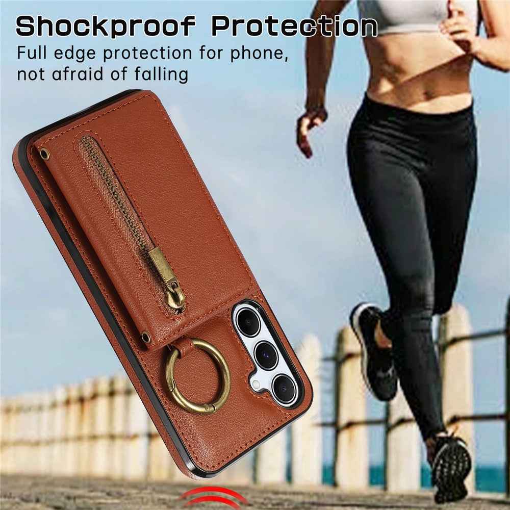 For Samsung Galaxy A57 5G Leather Back Cover Zipper Wallet Kickstand Phone Case with Shoulder Strap - Brown