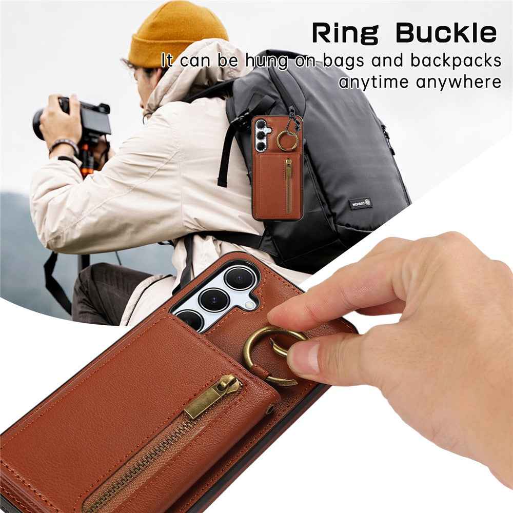 For Samsung Galaxy A57 5G Leather Back Cover Zipper Wallet Kickstand Phone Case with Shoulder Strap - Brown