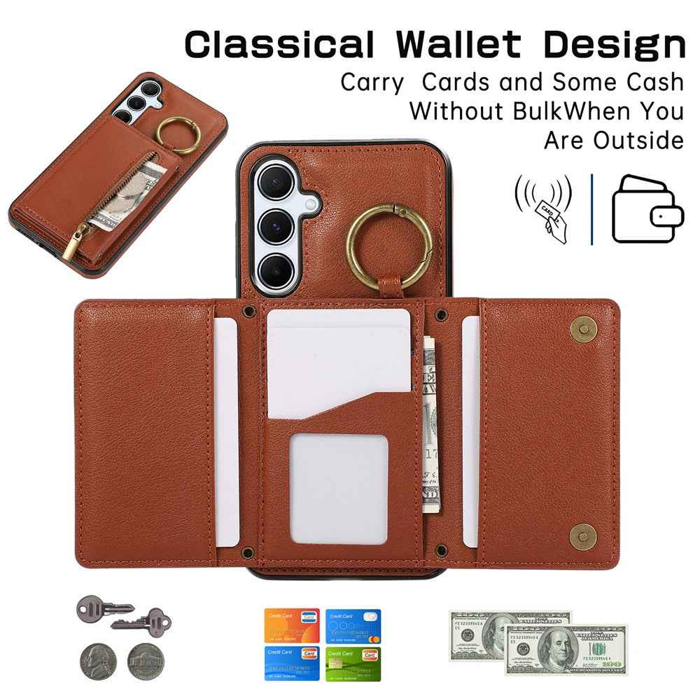 For Samsung Galaxy A57 5G Leather Back Cover Zipper Wallet Kickstand Phone Case with Shoulder Strap - Brown