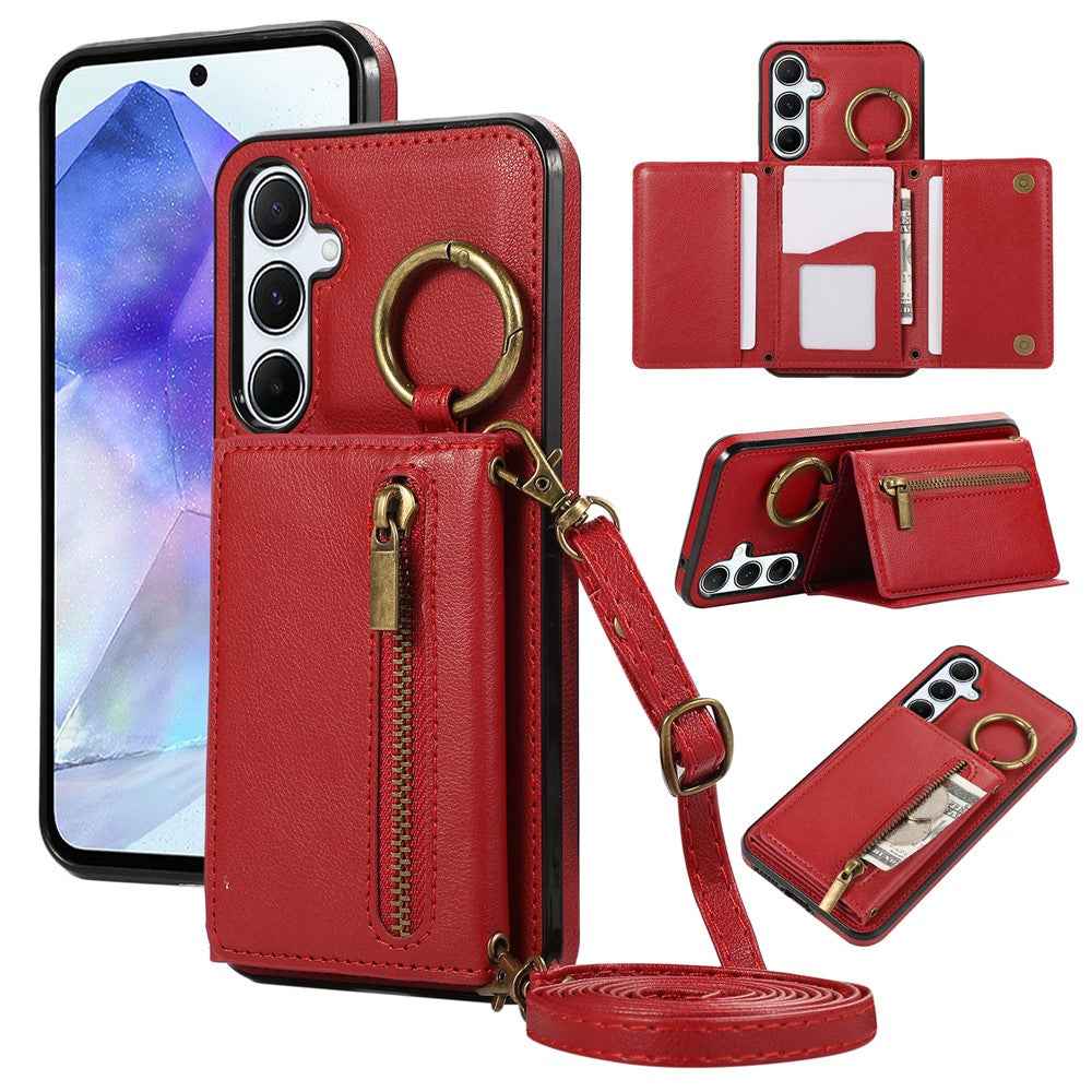 For Samsung Galaxy A57 5G Leather Back Cover Zipper Wallet Kickstand Phone Case with Shoulder Strap - Red