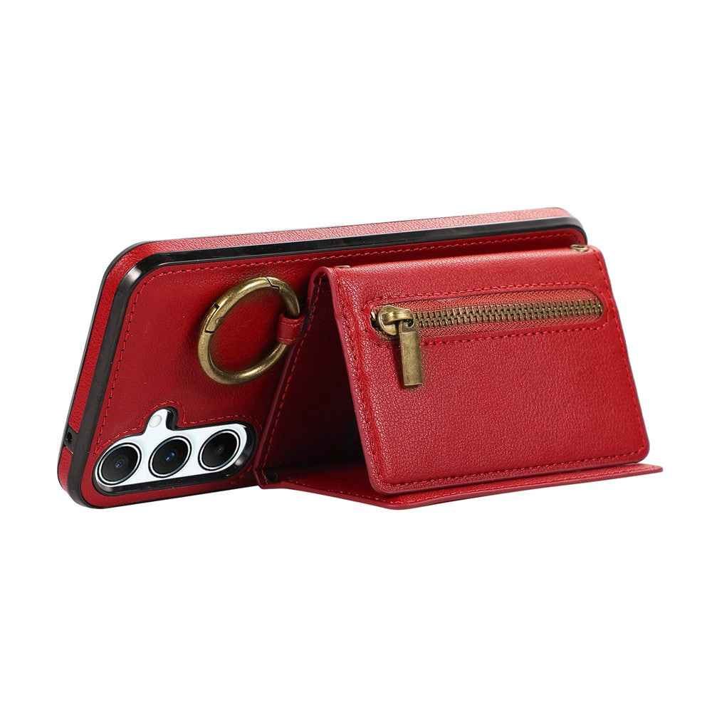 For Samsung Galaxy A57 5G Leather Back Cover Zipper Wallet Kickstand Phone Case with Shoulder Strap - Red