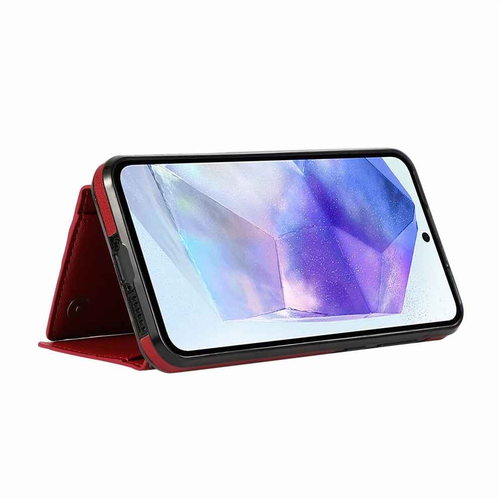 For Samsung Galaxy A57 5G Leather Back Cover Zipper Wallet Kickstand Phone Case with Shoulder Strap - Red