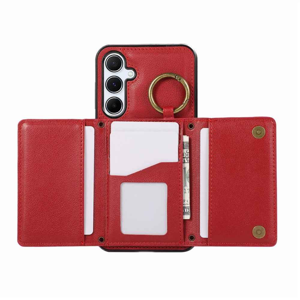 For Samsung Galaxy A57 5G Leather Back Cover Zipper Wallet Kickstand Phone Case with Shoulder Strap - Red