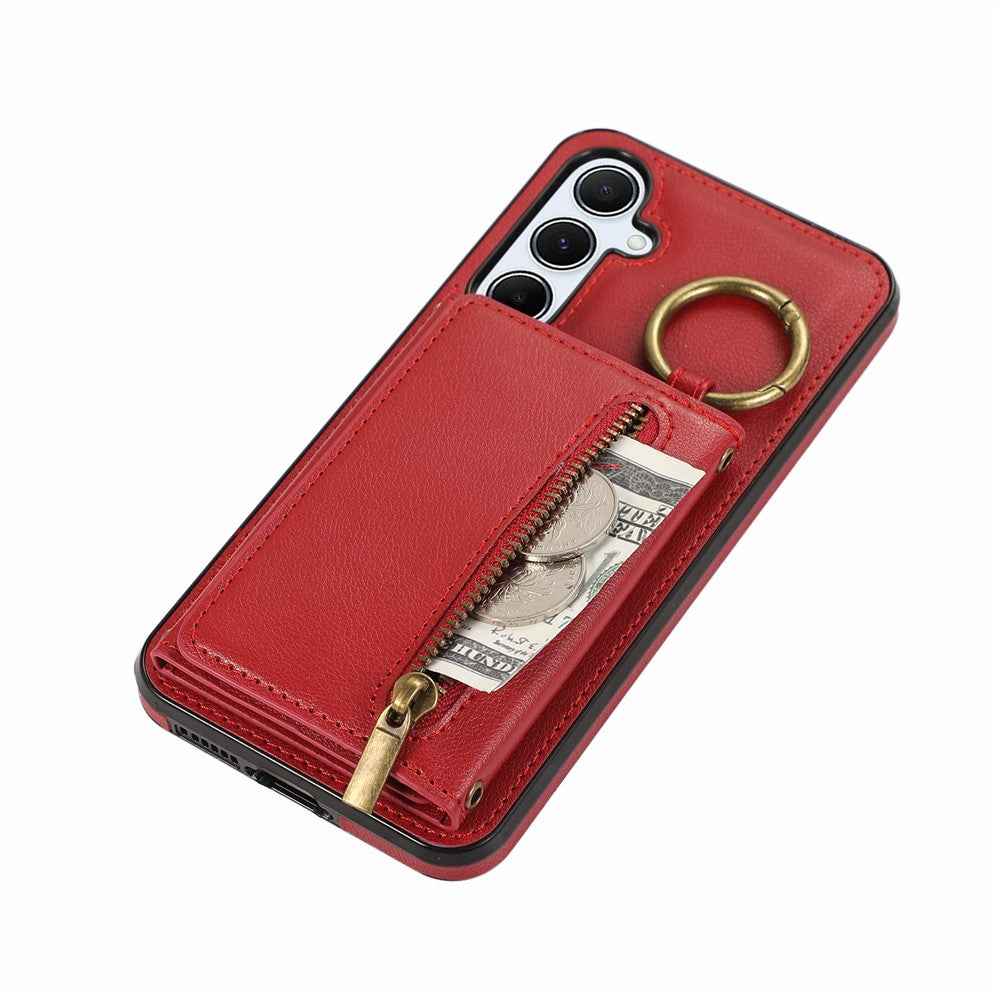 For Samsung Galaxy A57 5G Leather Back Cover Zipper Wallet Kickstand Phone Case with Shoulder Strap - Red