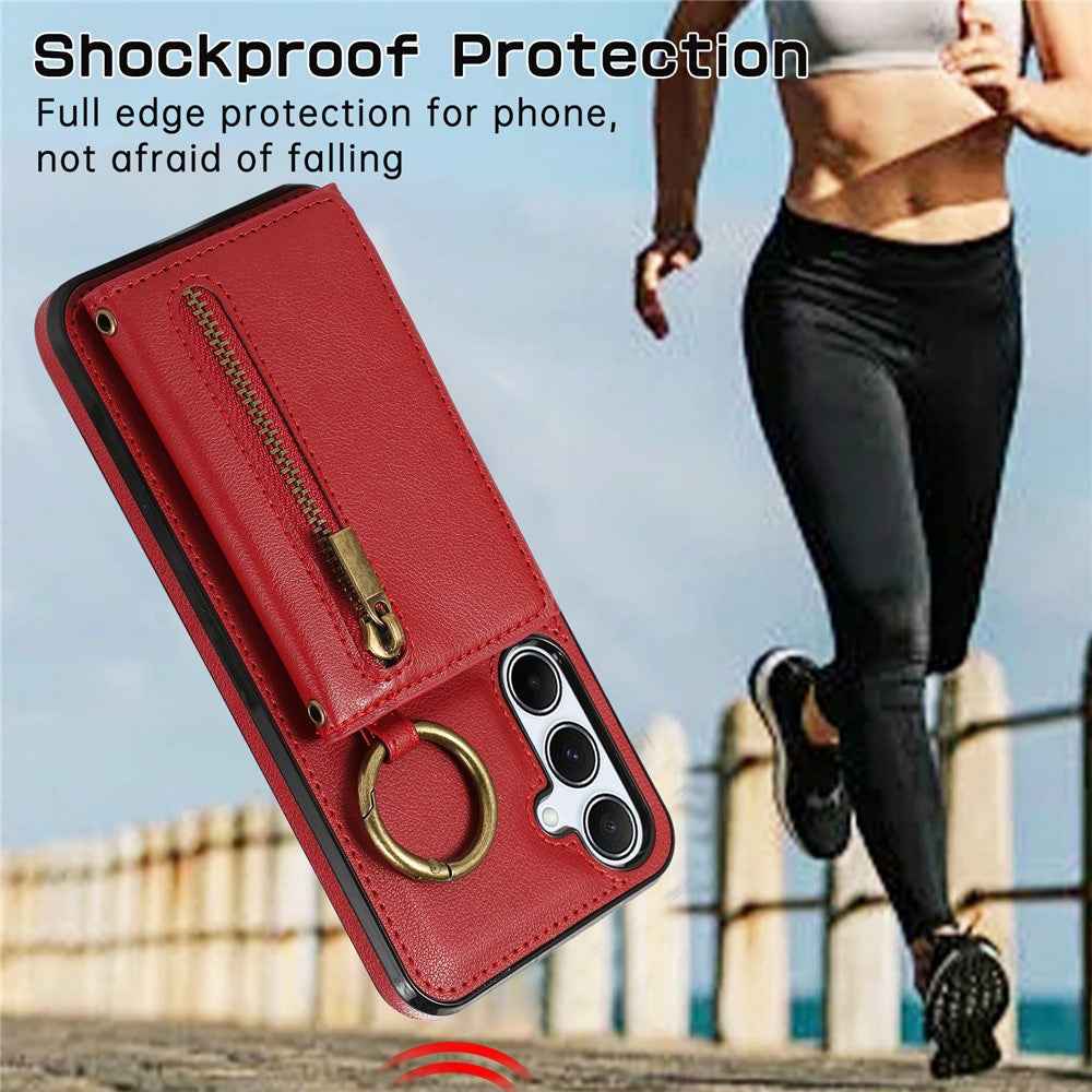 For Samsung Galaxy A57 5G Leather Back Cover Zipper Wallet Kickstand Phone Case with Shoulder Strap - Red