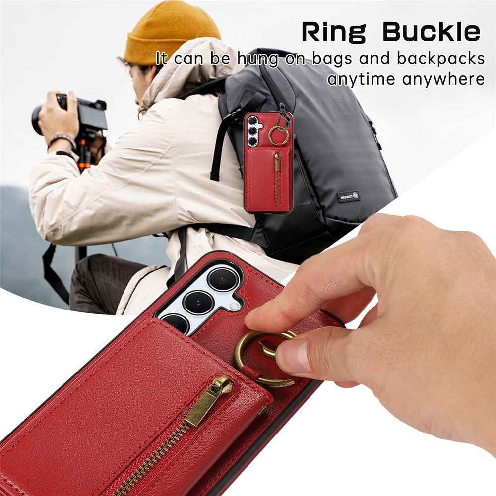 For Samsung Galaxy A57 5G Leather Back Cover Zipper Wallet Kickstand Phone Case with Shoulder Strap - Red