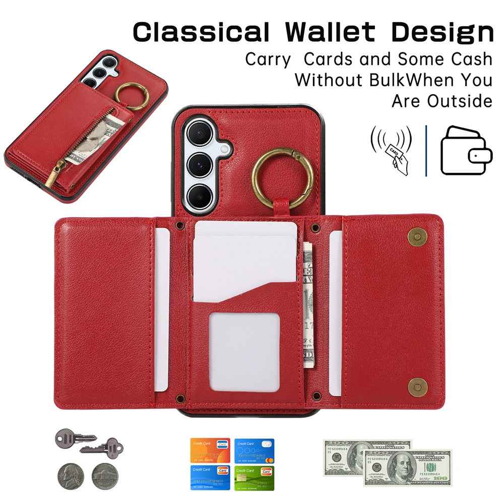 For Samsung Galaxy A57 5G Leather Back Cover Zipper Wallet Kickstand Phone Case with Shoulder Strap - Red