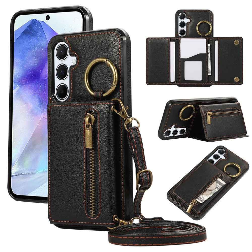 For Samsung Galaxy A57 5G Leather Back Cover Zipper Wallet Kickstand Phone Case with Shoulder Strap - Black