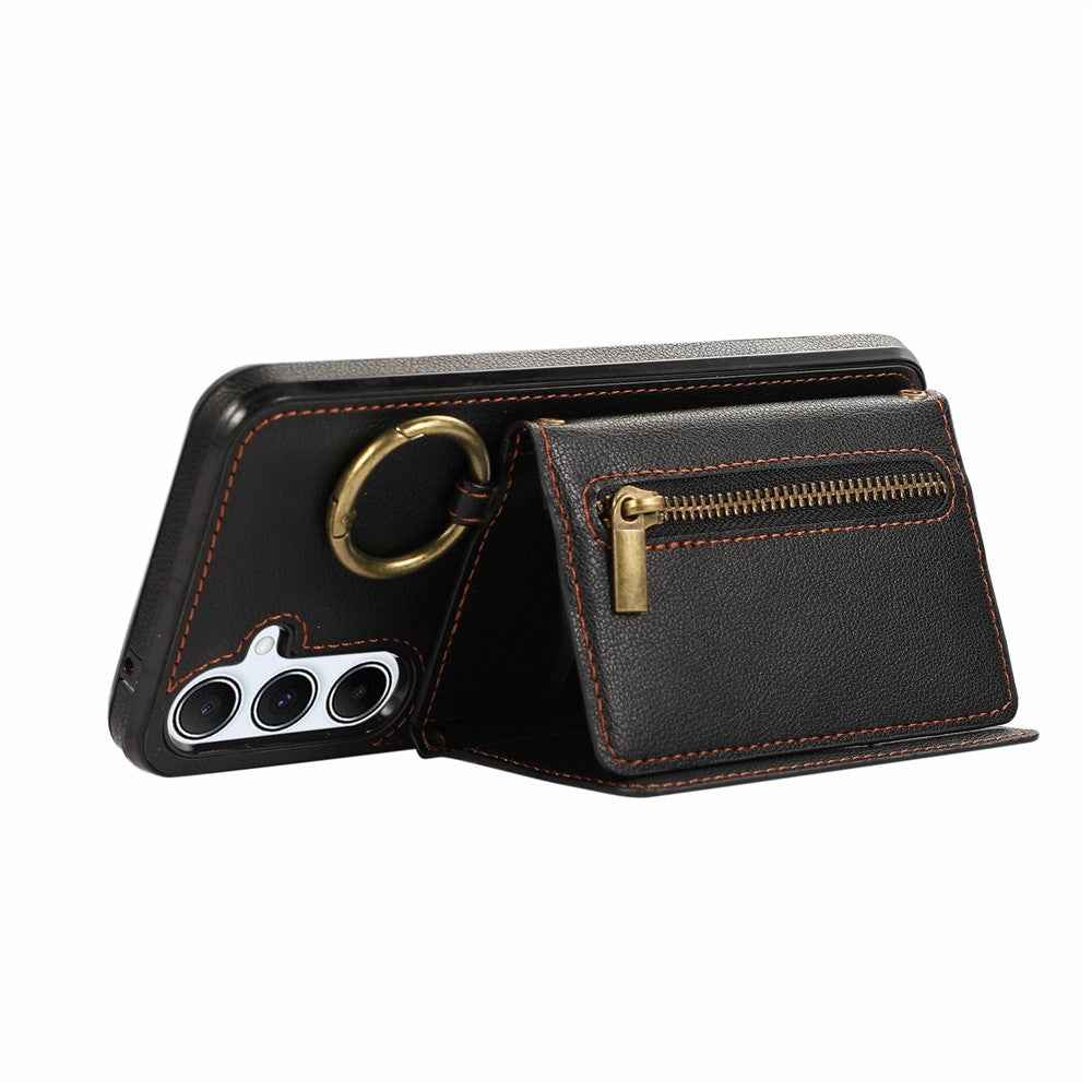 For Samsung Galaxy A57 5G Leather Back Cover Zipper Wallet Kickstand Phone Case with Shoulder Strap - Black