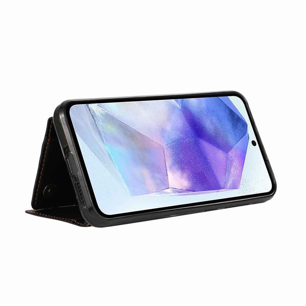 For Samsung Galaxy A57 5G Leather Back Cover Zipper Wallet Kickstand Phone Case with Shoulder Strap - Black