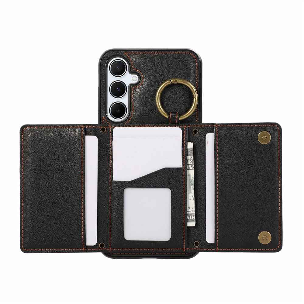 For Samsung Galaxy A57 5G Leather Back Cover Zipper Wallet Kickstand Phone Case with Shoulder Strap - Black