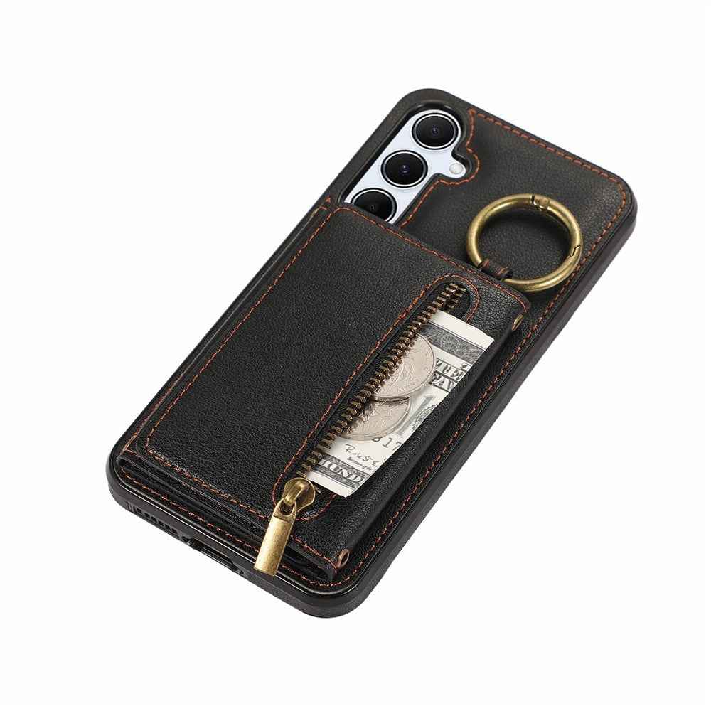 For Samsung Galaxy A57 5G Leather Back Cover Zipper Wallet Kickstand Phone Case with Shoulder Strap - Black