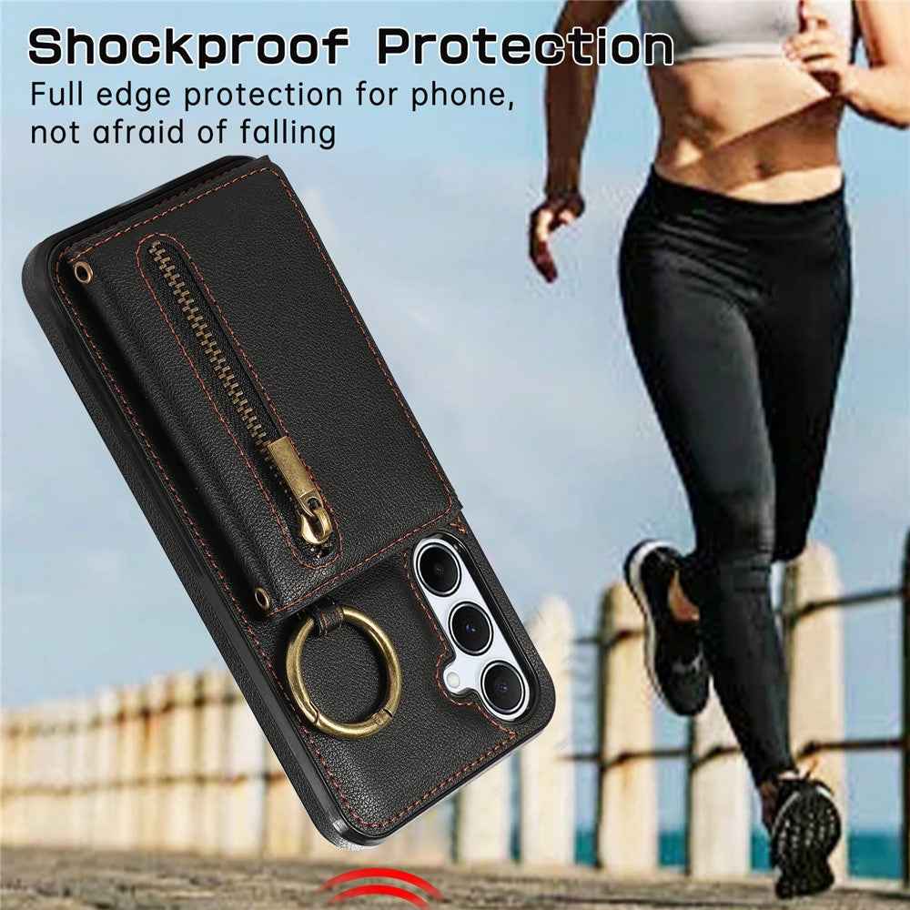 For Samsung Galaxy A57 5G Leather Back Cover Zipper Wallet Kickstand Phone Case with Shoulder Strap - Black