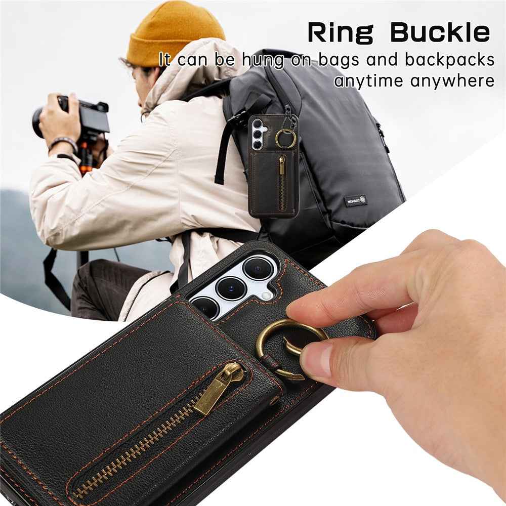 For Samsung Galaxy A57 5G Leather Back Cover Zipper Wallet Kickstand Phone Case with Shoulder Strap - Black
