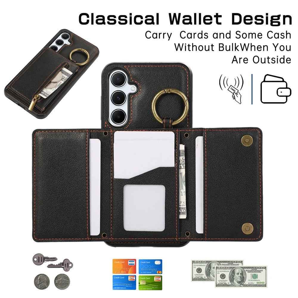 For Samsung Galaxy A57 5G Leather Back Cover Zipper Wallet Kickstand Phone Case with Shoulder Strap - Black