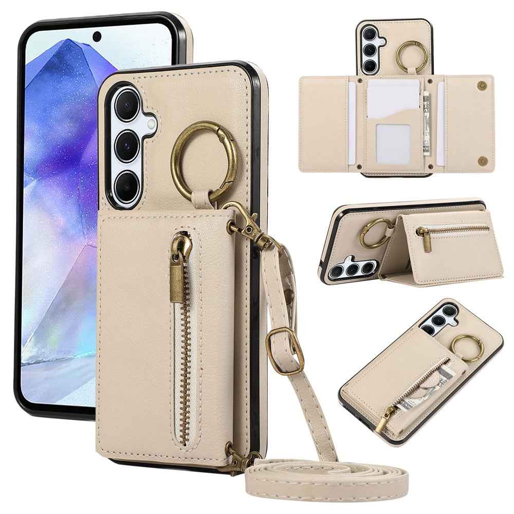 For Samsung Galaxy A57 5G Leather Back Cover Zipper Wallet Kickstand Phone Case with Shoulder Strap - Beige