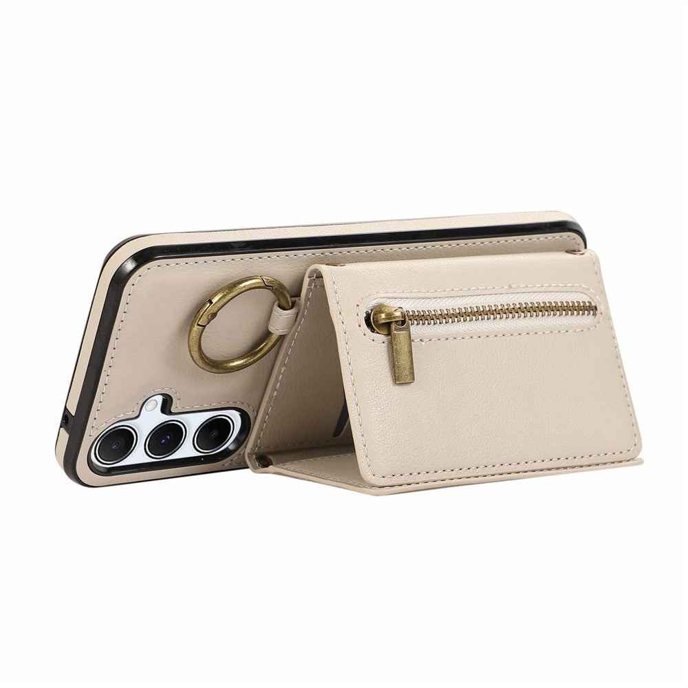 For Samsung Galaxy A57 5G Leather Back Cover Zipper Wallet Kickstand Phone Case with Shoulder Strap - Beige