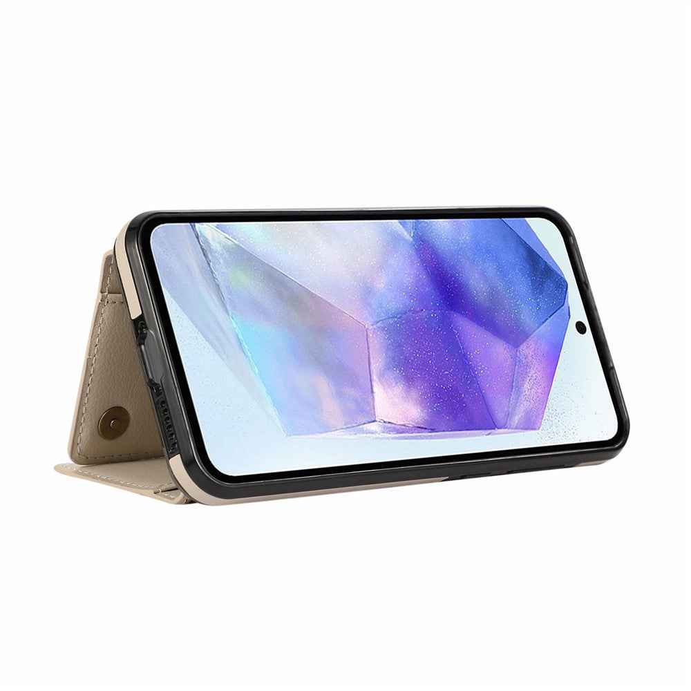 For Samsung Galaxy A57 5G Leather Back Cover Zipper Wallet Kickstand Phone Case with Shoulder Strap - Beige