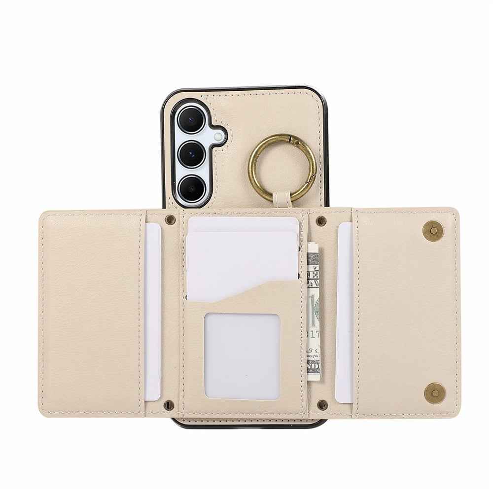 For Samsung Galaxy A57 5G Leather Back Cover Zipper Wallet Kickstand Phone Case with Shoulder Strap - Beige