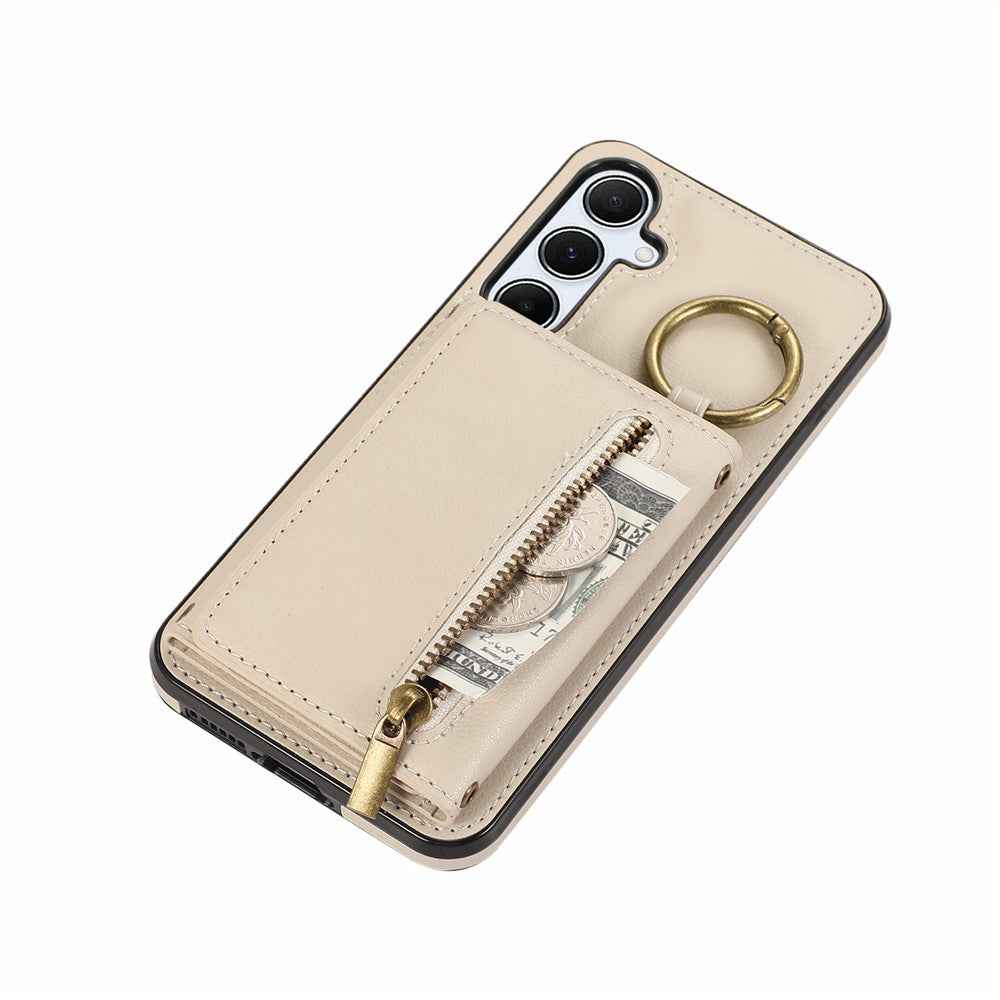 For Samsung Galaxy A57 5G Leather Back Cover Zipper Wallet Kickstand Phone Case with Shoulder Strap - Beige