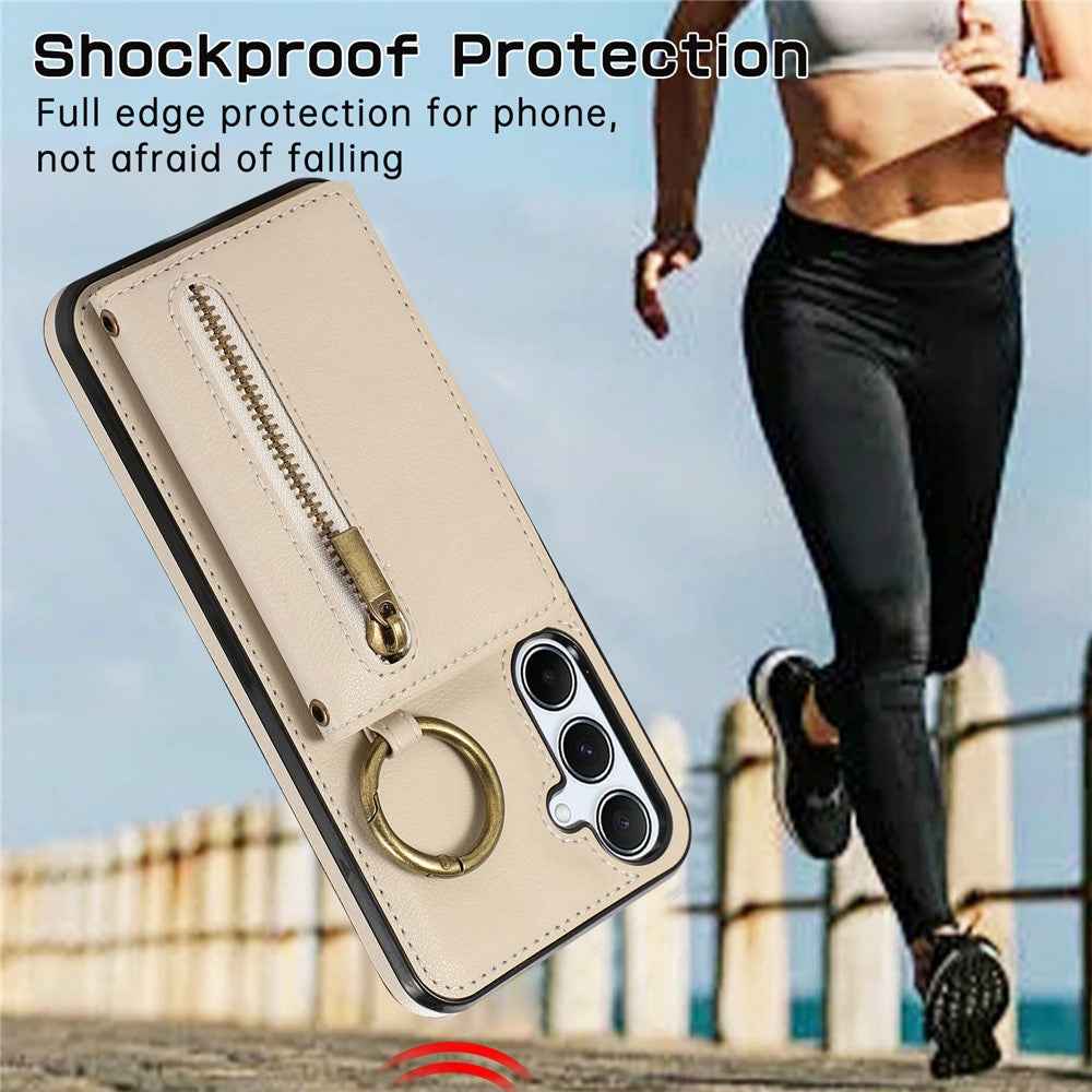 For Samsung Galaxy A57 5G Leather Back Cover Zipper Wallet Kickstand Phone Case with Shoulder Strap - Beige