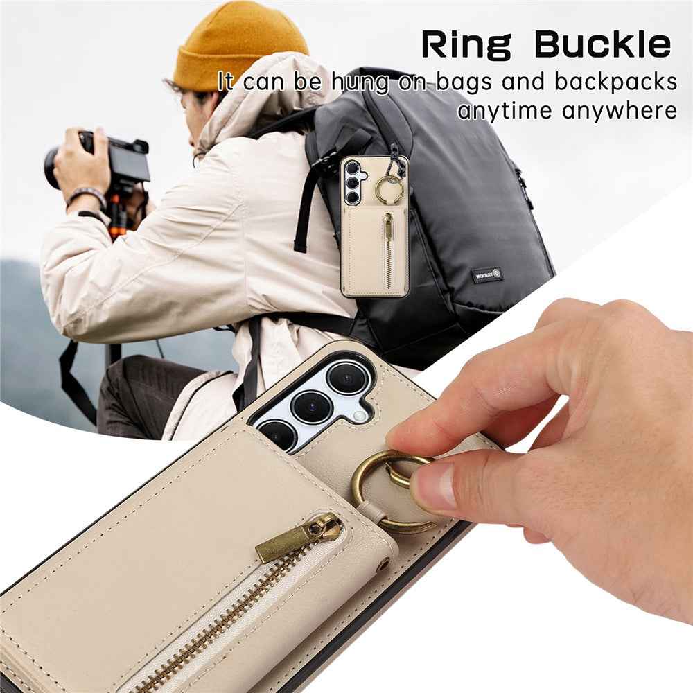 For Samsung Galaxy A57 5G Leather Back Cover Zipper Wallet Kickstand Phone Case with Shoulder Strap - Beige