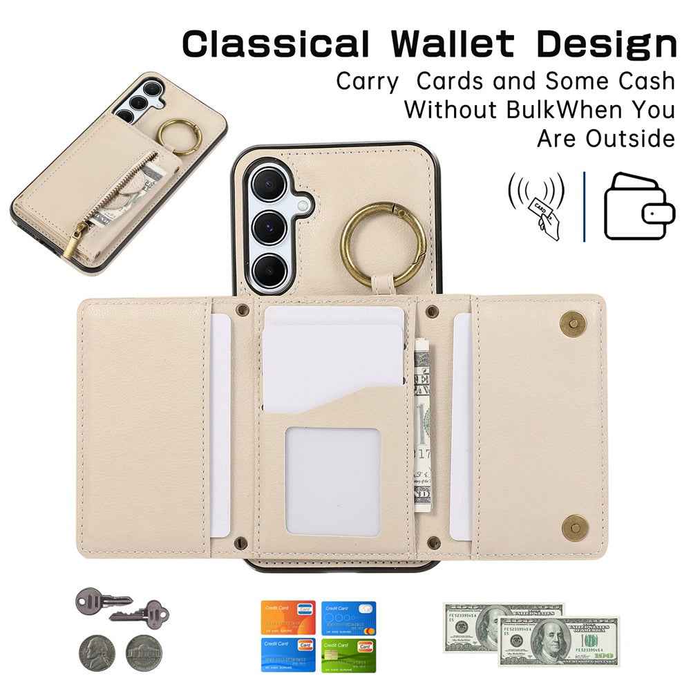For Samsung Galaxy A57 5G Leather Back Cover Zipper Wallet Kickstand Phone Case with Shoulder Strap - Beige