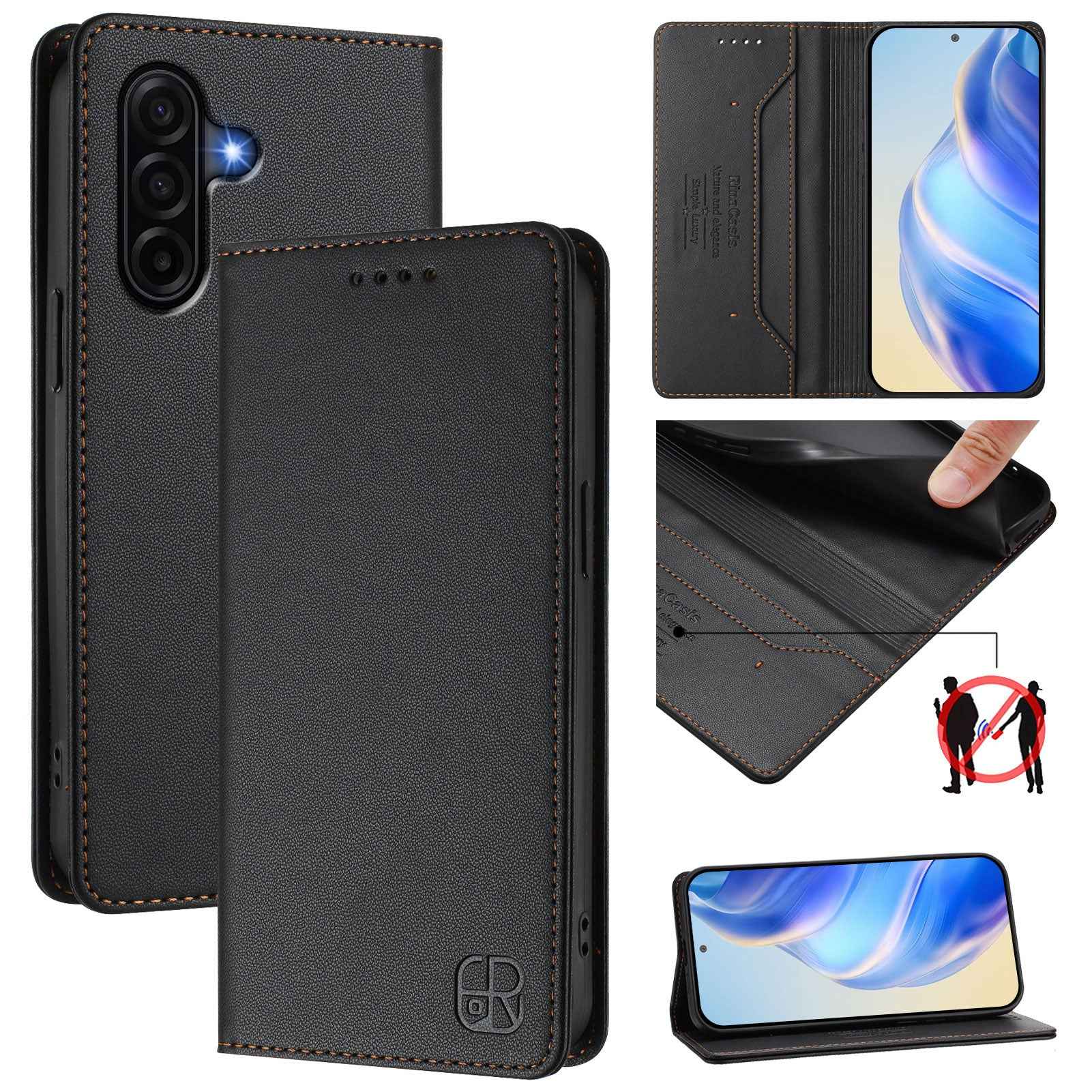 For Samsung Galaxy A57 5G Leather Case RINACASIS RC01 Phone Cover with RFID Blocking Wallet Stand - Black