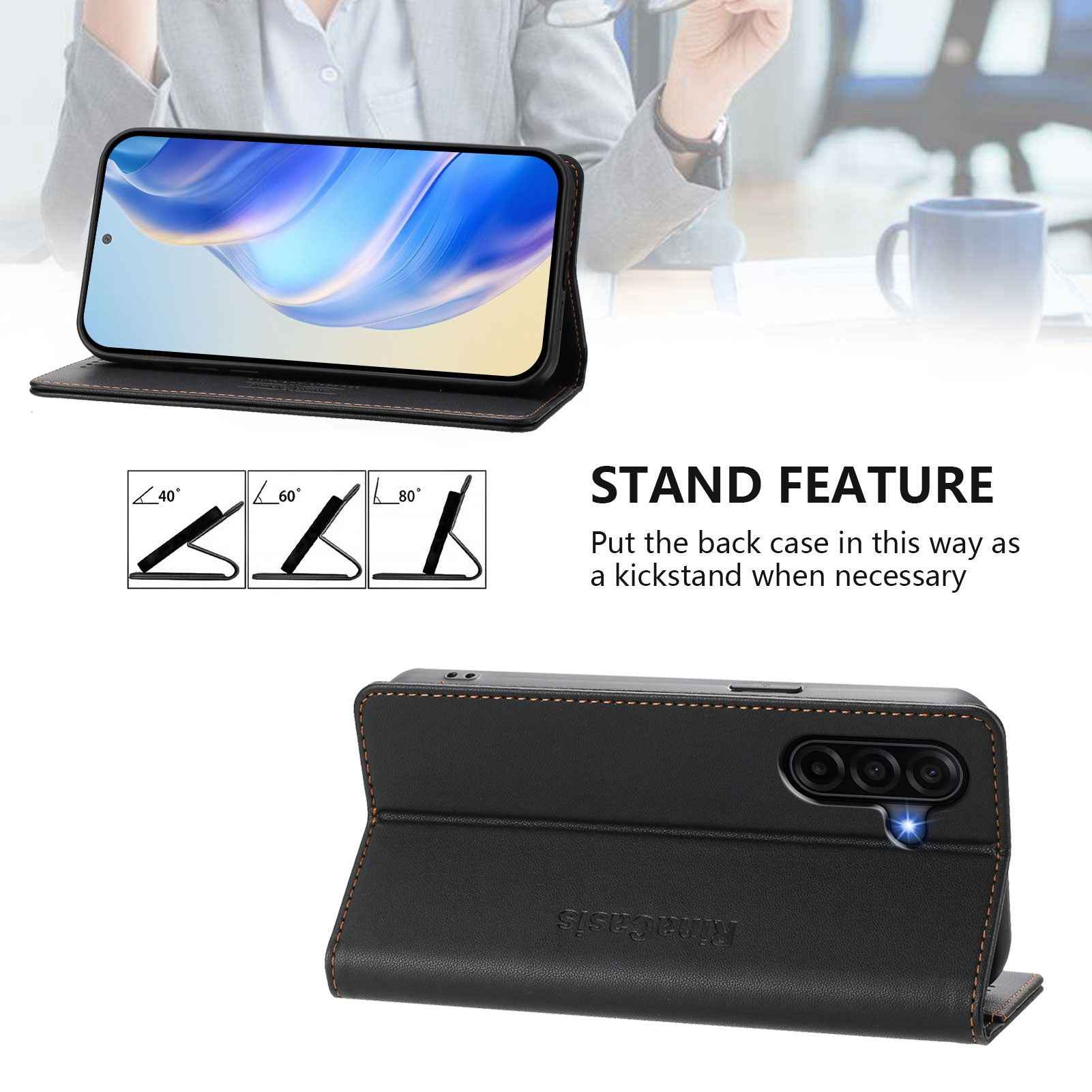 For Samsung Galaxy A57 5G Leather Case RINACASIS RC01 Phone Cover with RFID Blocking Wallet Stand - Black