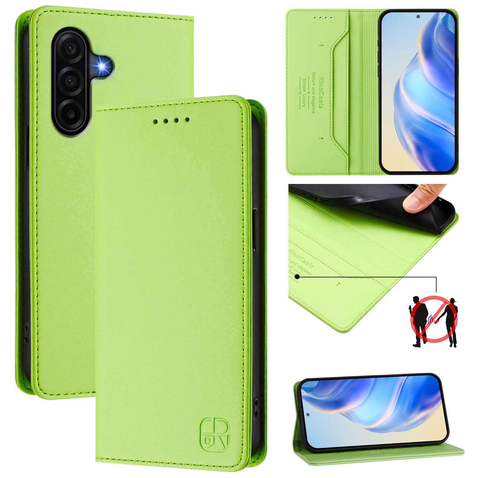 For Samsung Galaxy A57 5G Leather Case RINACASIS RC01 Phone Cover with RFID Blocking Wallet Stand - Green