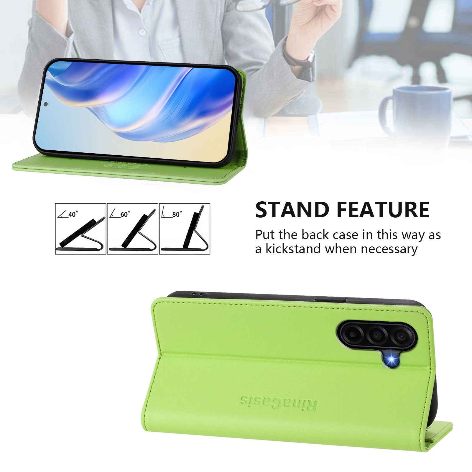 For Samsung Galaxy A57 5G Leather Case RINACASIS RC01 Phone Cover with RFID Blocking Wallet Stand - Green