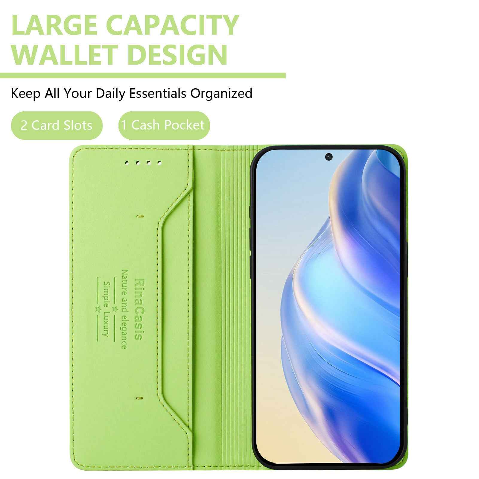 For Samsung Galaxy A57 5G Leather Case RINACASIS RC01 Phone Cover with RFID Blocking Wallet Stand - Green