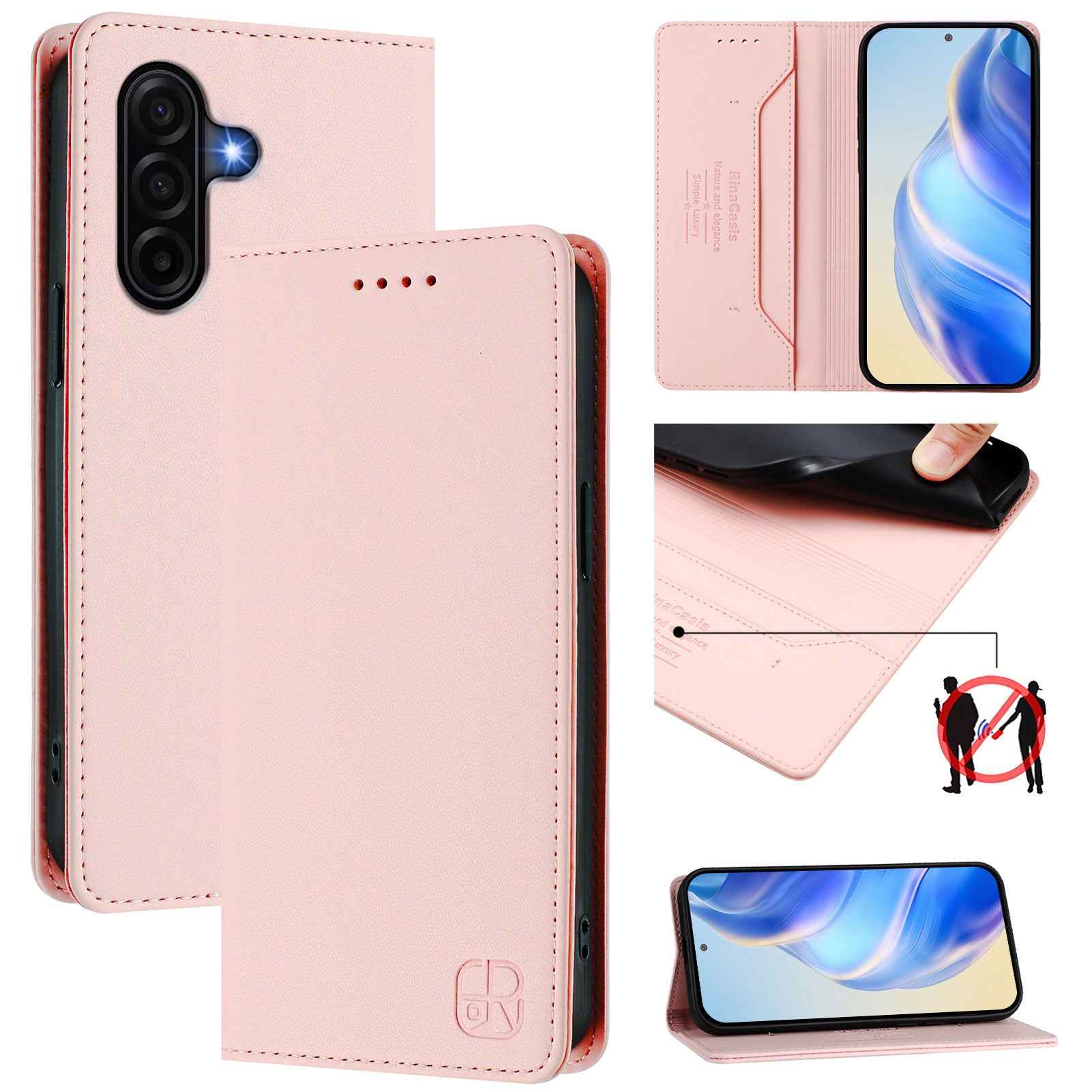 For Samsung Galaxy A57 5G Leather Case RINACASIS RC01 Phone Cover with RFID Blocking Wallet Stand - Pink