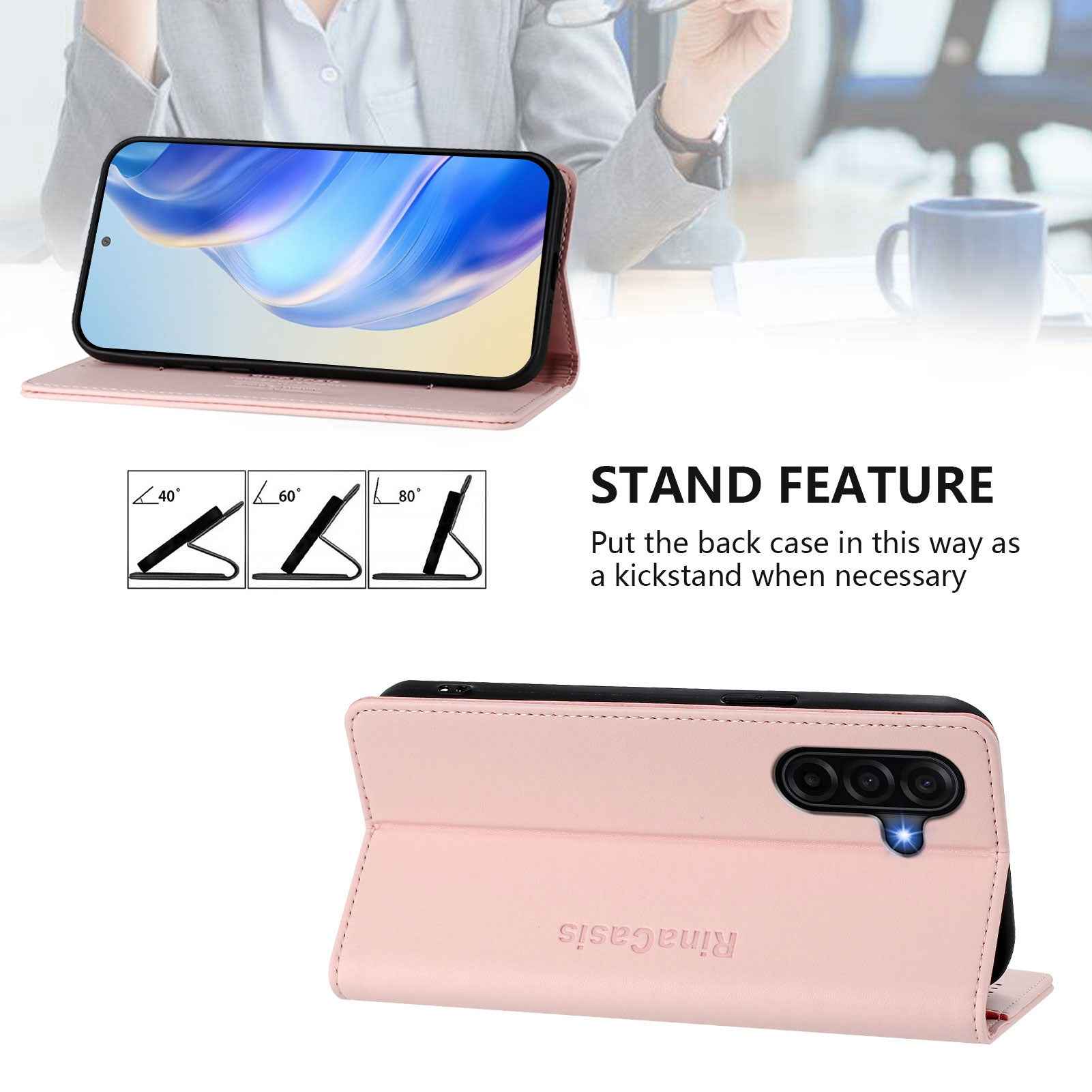 For Samsung Galaxy A57 5G Leather Case RINACASIS RC01 Phone Cover with RFID Blocking Wallet Stand - Pink