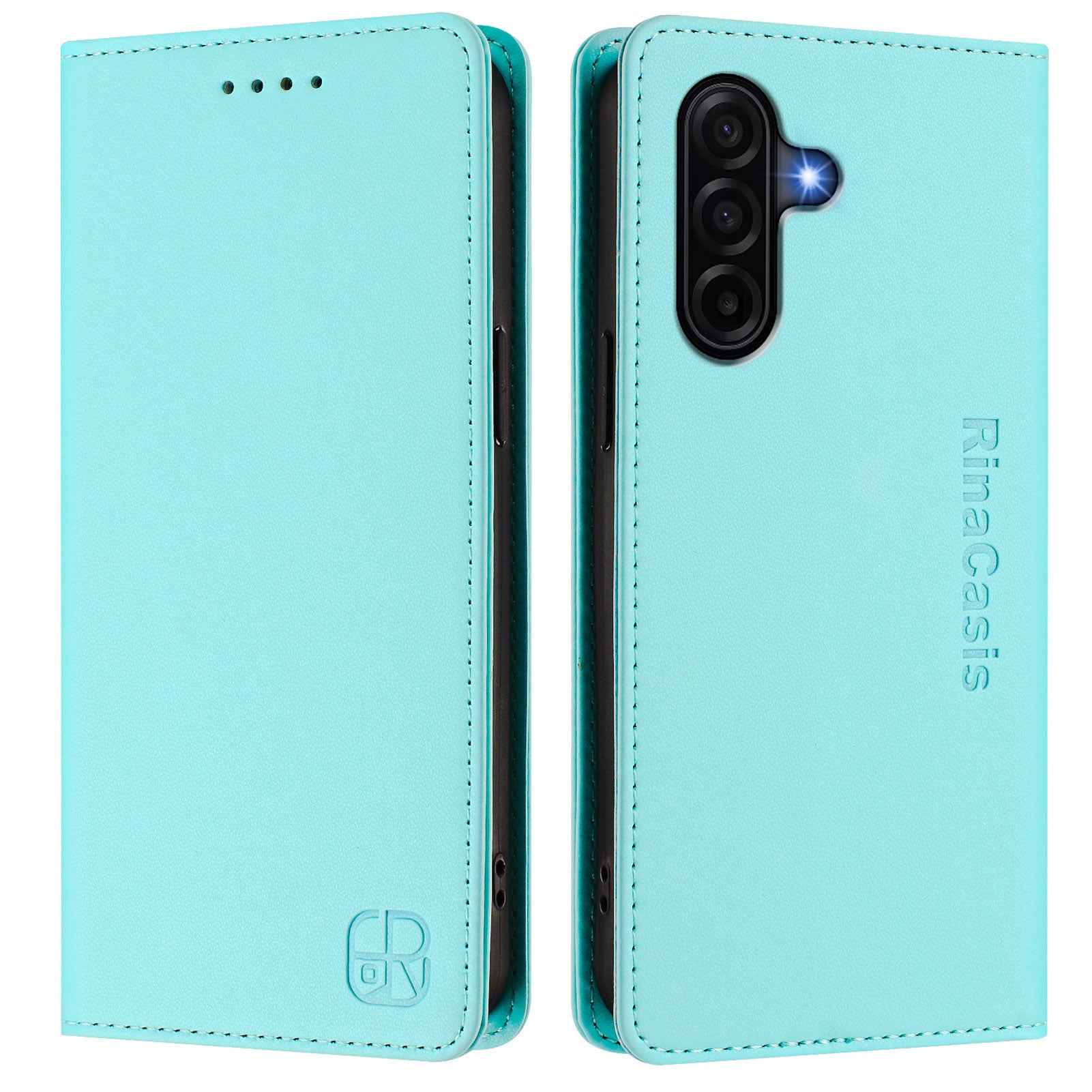 For Samsung Galaxy A57 5G Leather Case RINACASIS RC01 Phone Cover with RFID Blocking Wallet Stand - Mint Green