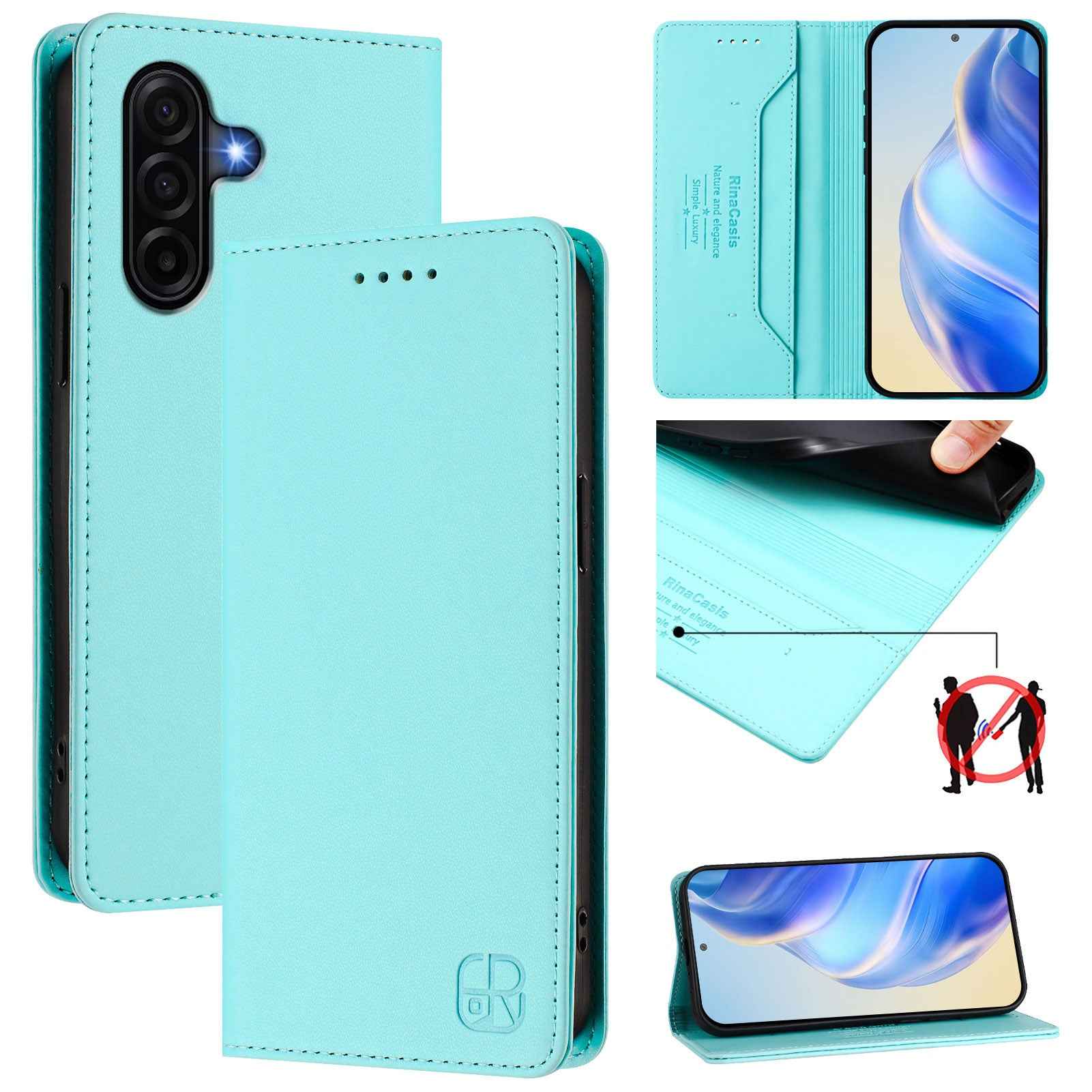 For Samsung Galaxy A57 5G Leather Case RINACASIS RC01 Phone Cover with RFID Blocking Wallet Stand - Mint Green
