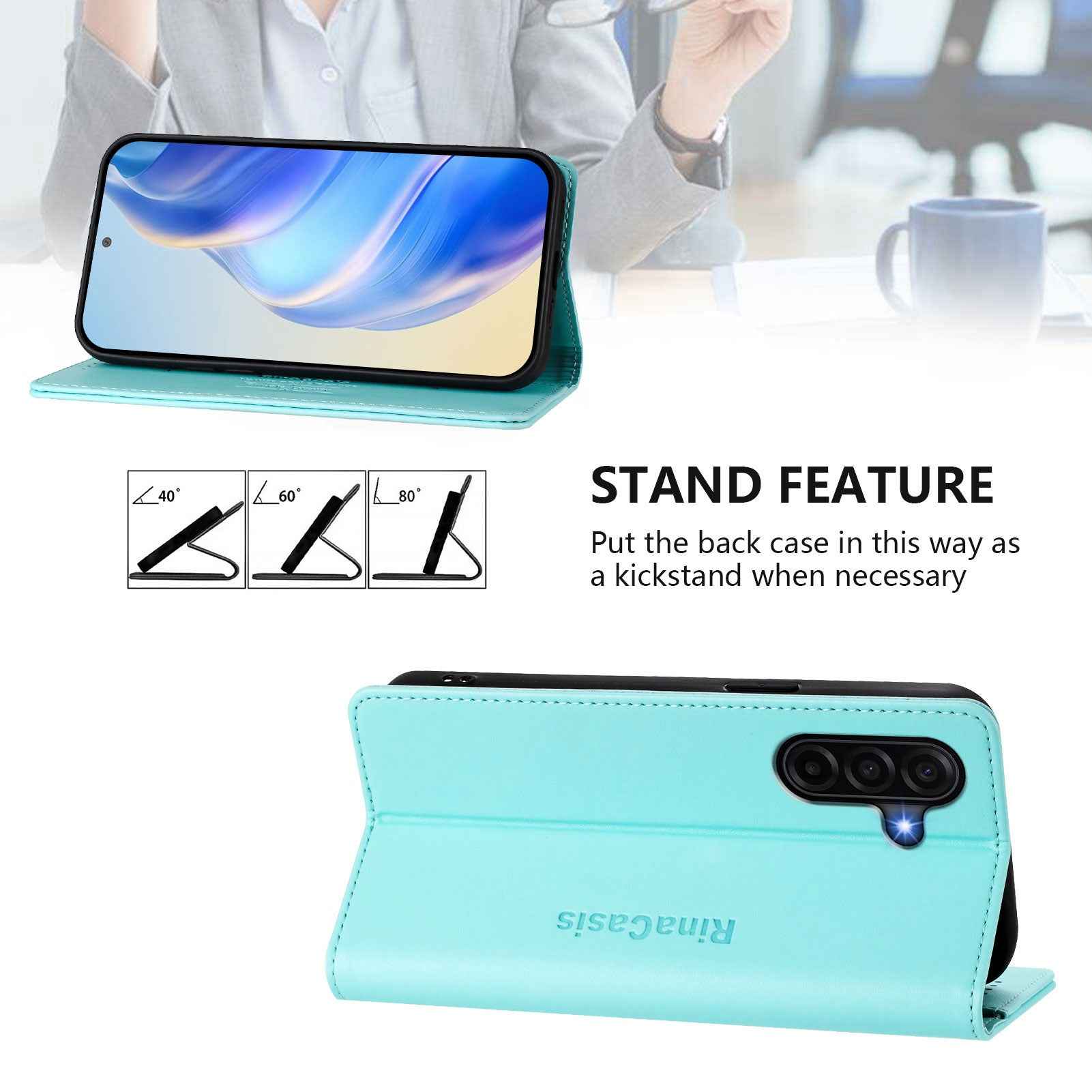 For Samsung Galaxy A57 5G Leather Case RINACASIS RC01 Phone Cover with RFID Blocking Wallet Stand - Mint Green