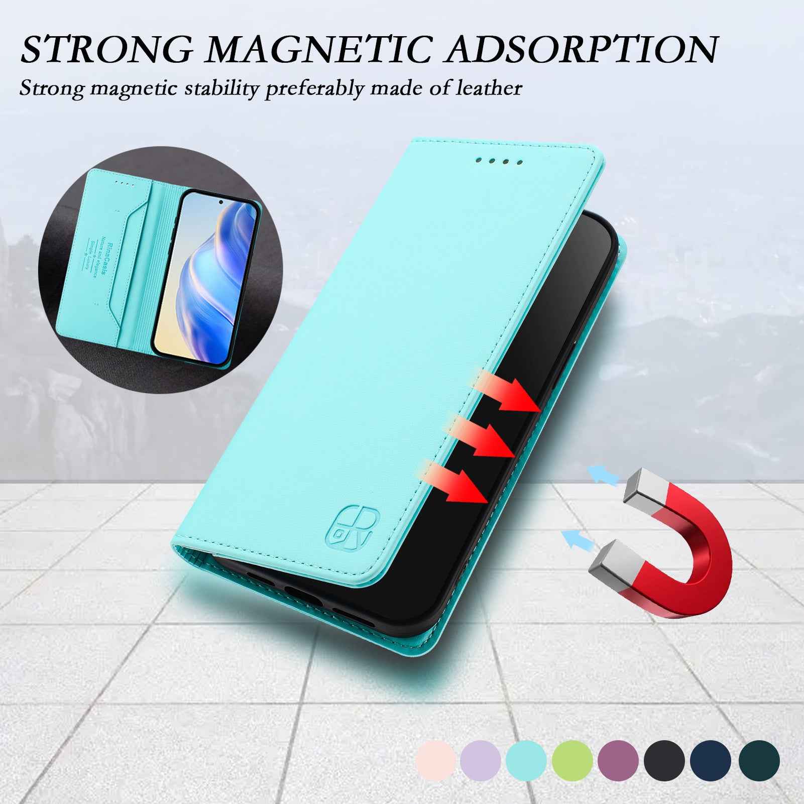 For Samsung Galaxy A57 5G Leather Case RINACASIS RC01 Phone Cover with RFID Blocking Wallet Stand - Mint Green