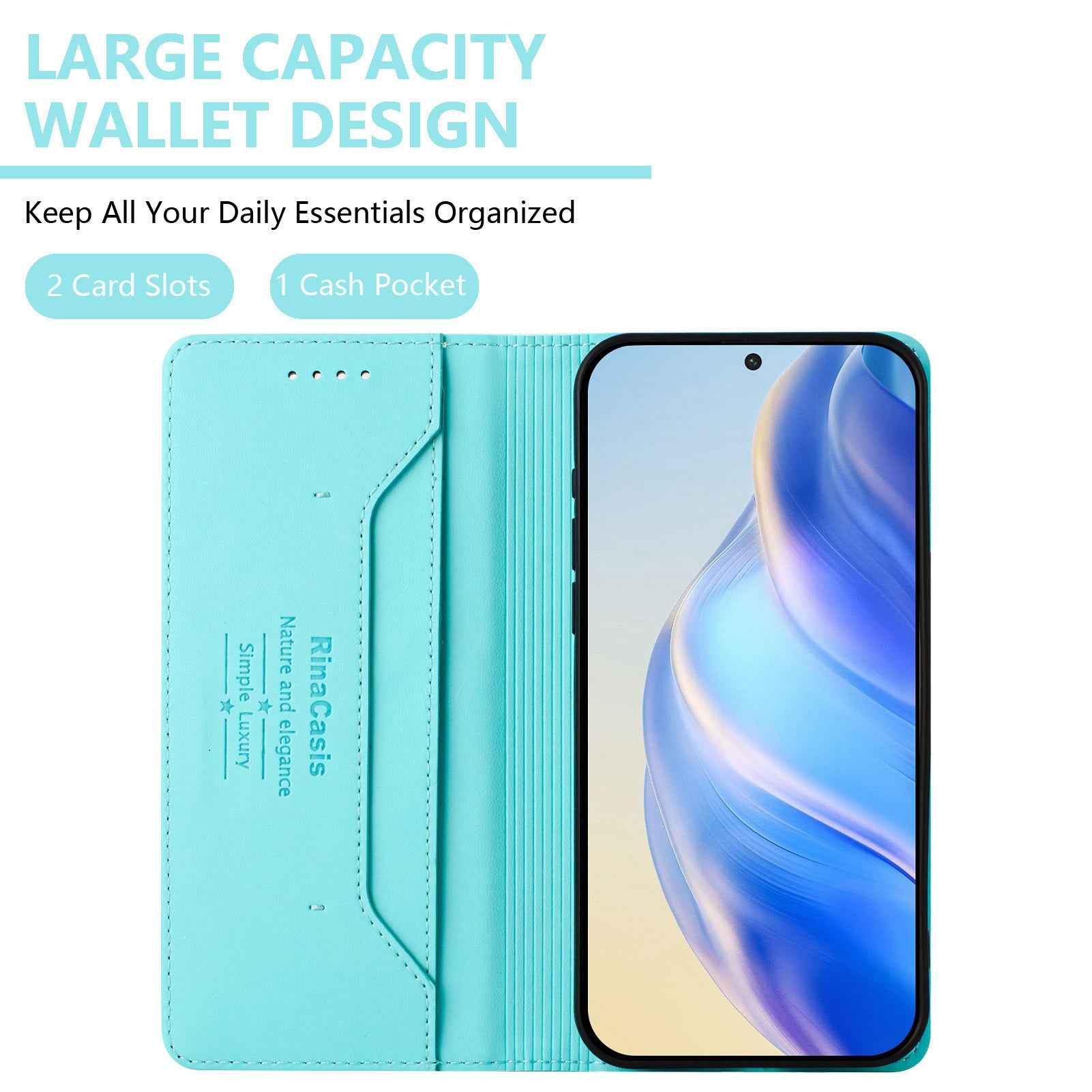 For Samsung Galaxy A57 5G Leather Case RINACASIS RC01 Phone Cover with RFID Blocking Wallet Stand - Mint Green