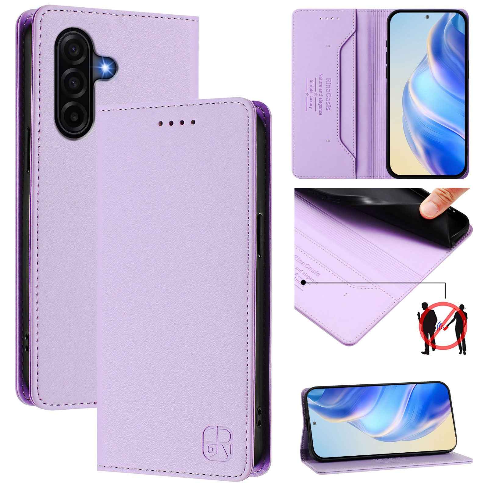 For Samsung Galaxy A57 5G Leather Case RINACASIS RC01 Phone Cover with RFID Blocking Wallet Stand - Light Purple