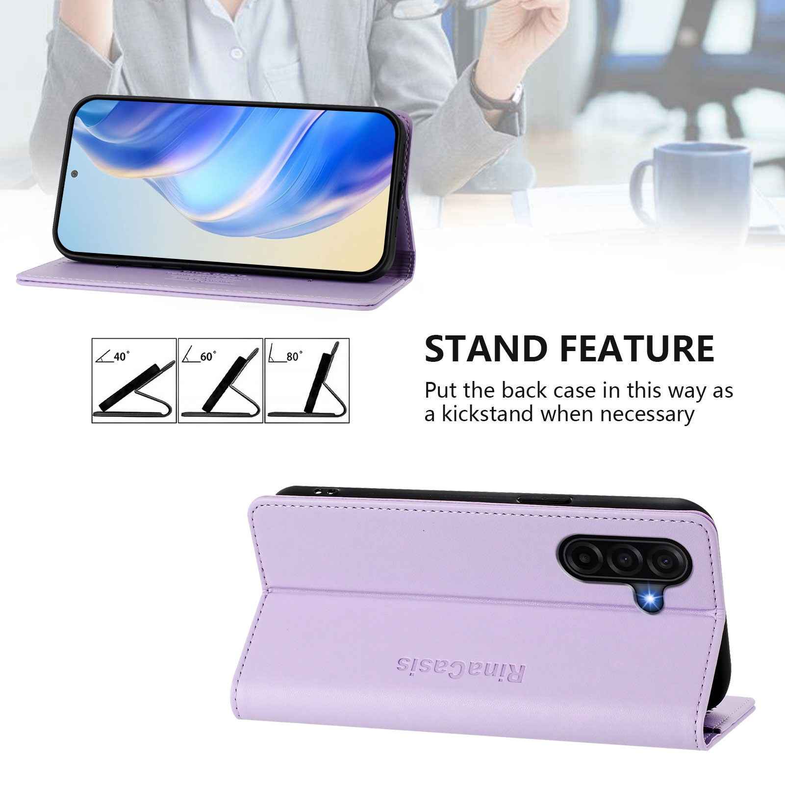 For Samsung Galaxy A57 5G Leather Case RINACASIS RC01 Phone Cover with RFID Blocking Wallet Stand - Light Purple