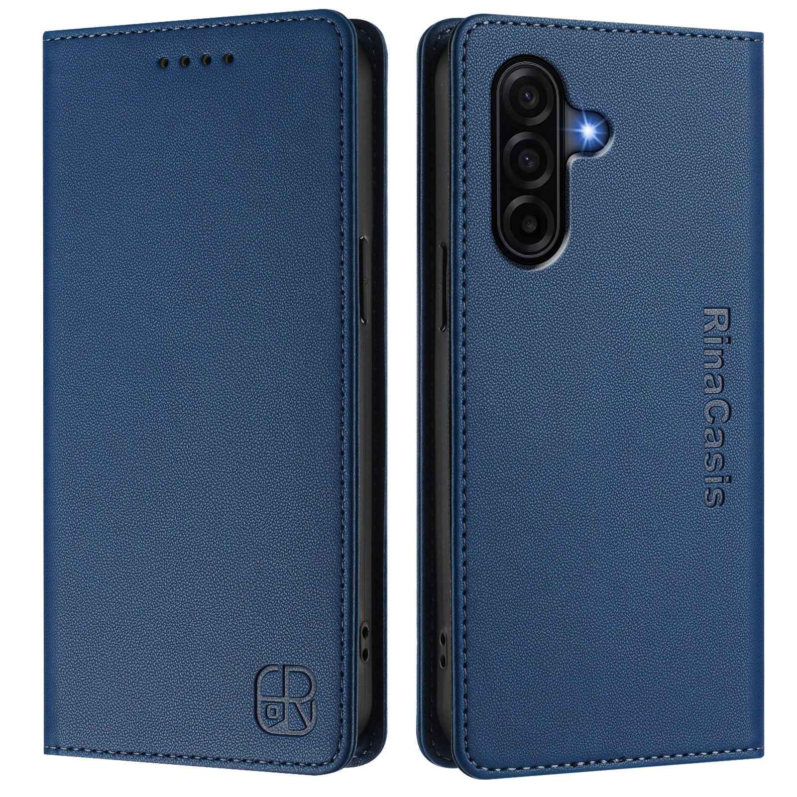 For Samsung Galaxy A57 5G Leather Case RINACASIS RC01 Phone Cover with RFID Blocking Wallet Stand - Dark Blue