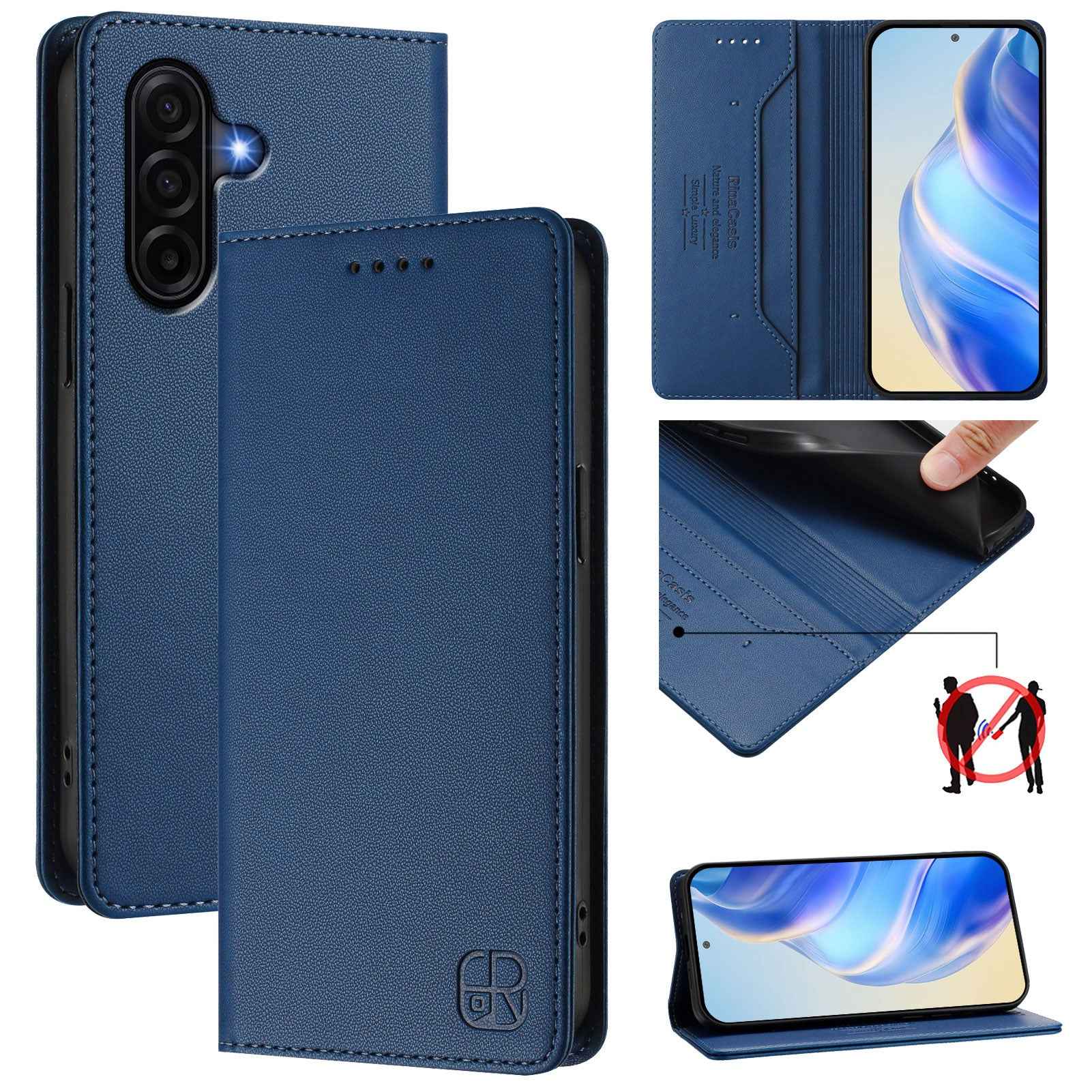 For Samsung Galaxy A57 5G Leather Case RINACASIS RC01 Phone Cover with RFID Blocking Wallet Stand - Dark Blue