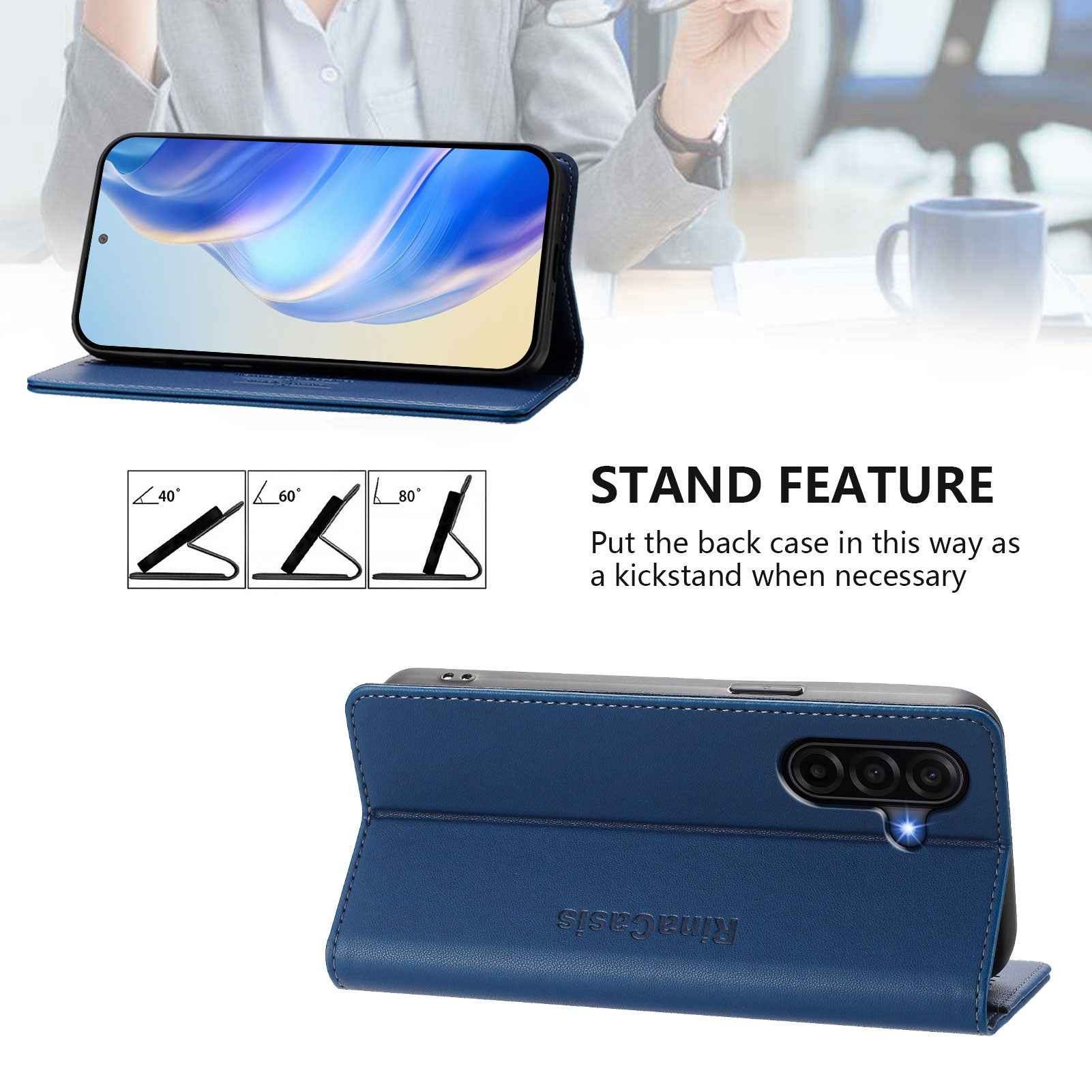 For Samsung Galaxy A57 5G Leather Case RINACASIS RC01 Phone Cover with RFID Blocking Wallet Stand - Dark Blue