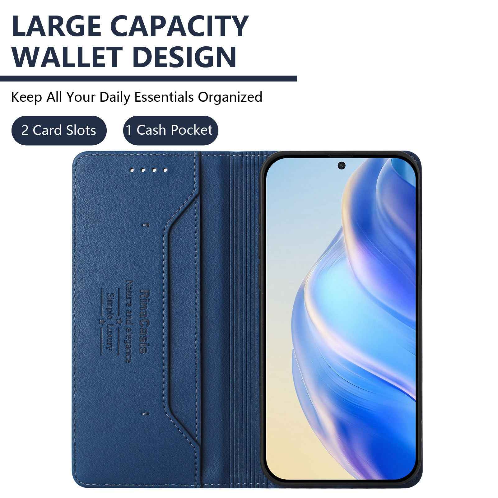 For Samsung Galaxy A57 5G Leather Case RINACASIS RC01 Phone Cover with RFID Blocking Wallet Stand - Dark Blue