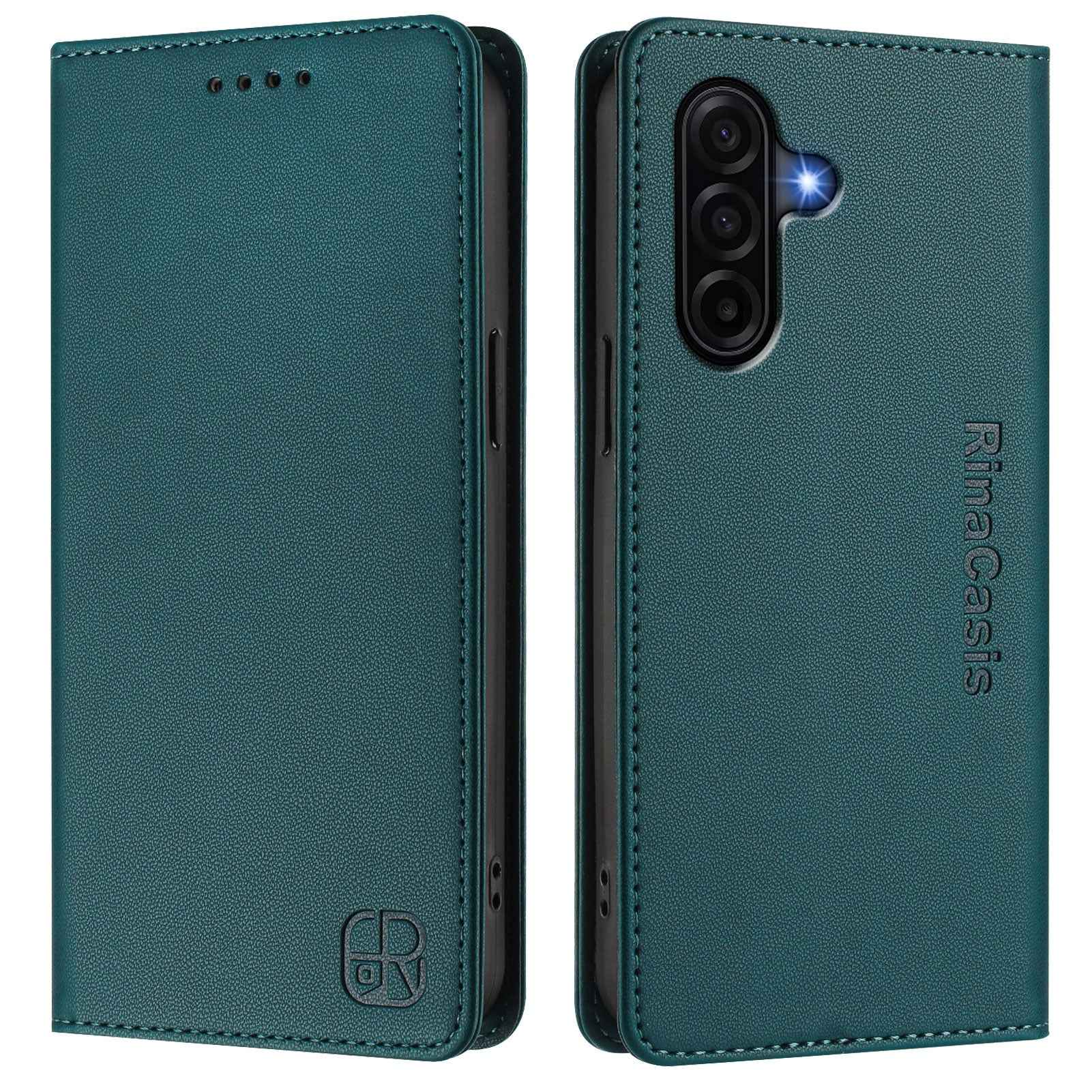 For Samsung Galaxy A57 5G Leather Case RINACASIS RC01 Phone Cover with RFID Blocking Wallet Stand - Dark Green